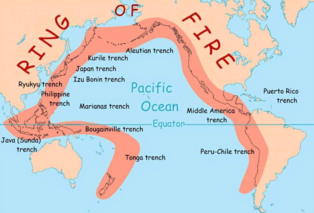 Map of the Pacific Ring of Fire highlighting major oceanic trenches and subduction zones surrounding the Pacific Ocean, where intense seismic and volcanic activity occurs along tectonic plate boundaries.

